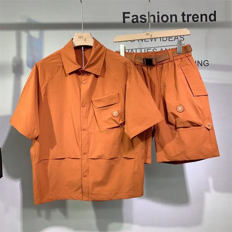Summer American Vintage Loose Workwear Casual Set Men Fashion Shirt Shorts Two-piece