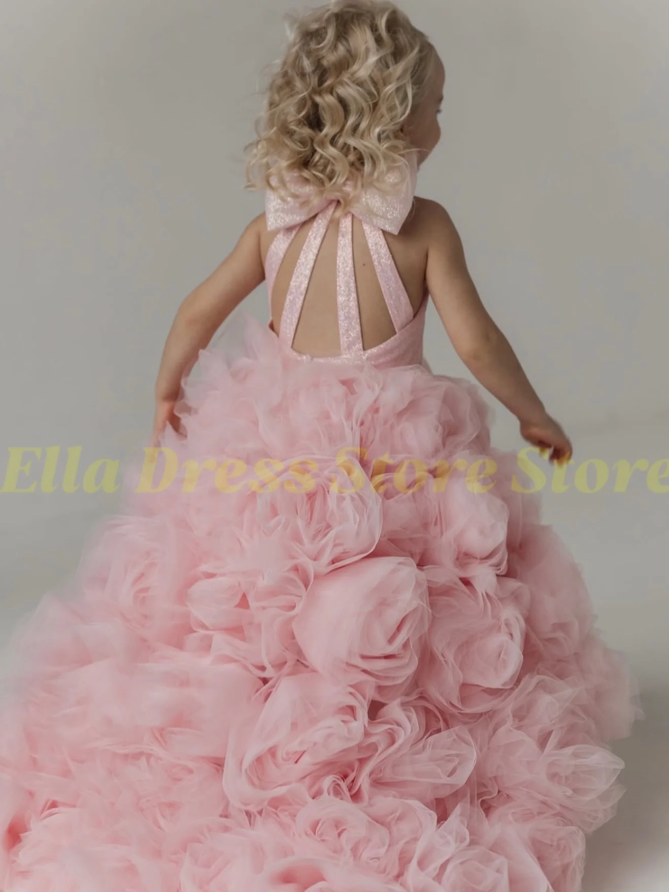 Maßgefertigtes Großhandels-Luxuskleid für Blumenmädchen, Hochzeit, Festzug, Rosa Glänzendes 3D-Rosen-Tüllkleid für Geburtstag, Gast, Formelle Laufsteg-Show, Ballkleid – Detail 5