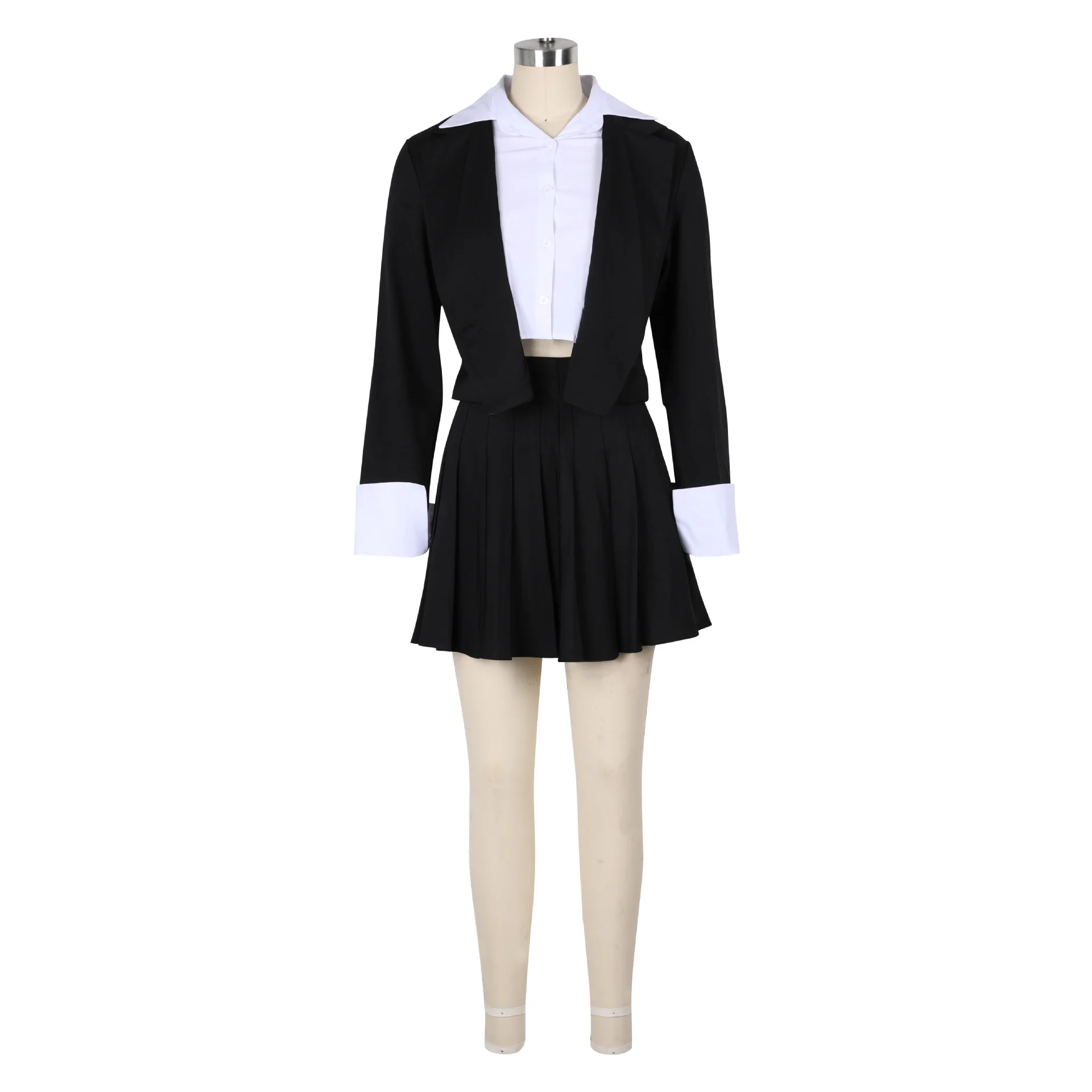 Polo Shirt Patchwork Long Sleeve Blazer Matching 2 Two Piece Set Outfits Women Office Lady Fashion Pleated Mini Skirts Suit Sets