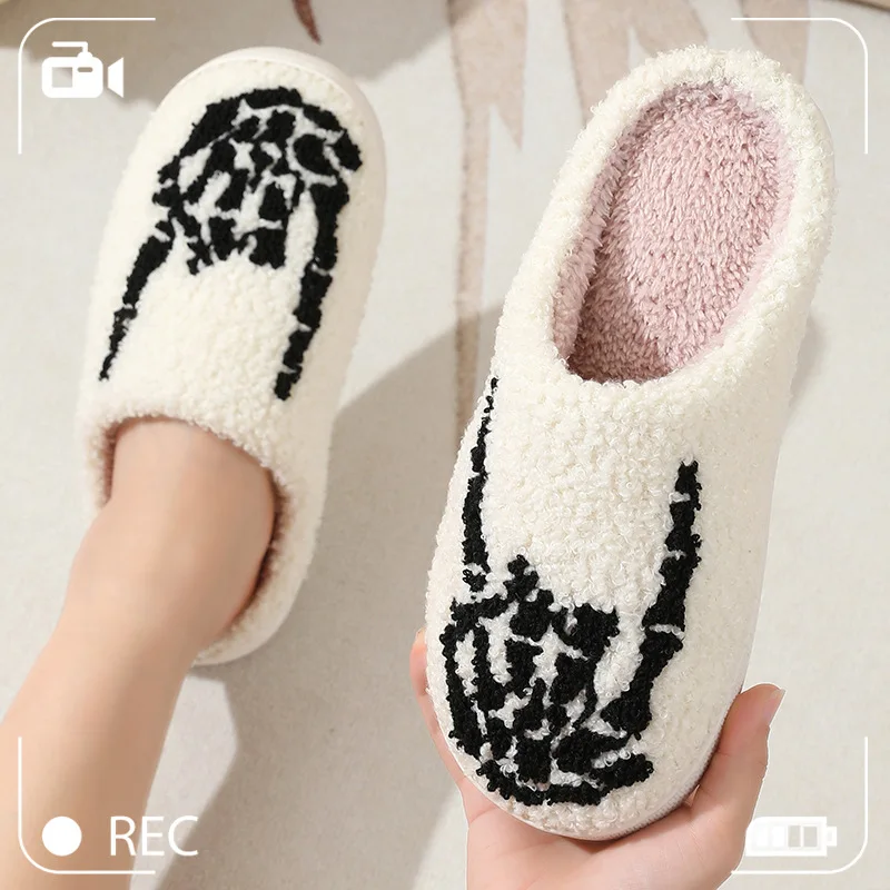 Skull Finger Pattern Skull Embroidery stuffed Home Platform Cozy Wool Cotton Slippers Rock Finger Warm Non-slip Indoor Slippers