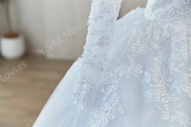 Real Photo 2027 New Bead Crystal White Long Sleeve Lace Bottom Vintage Wedding Dresses For Brides Plus Size Maxi Beautiful Dress