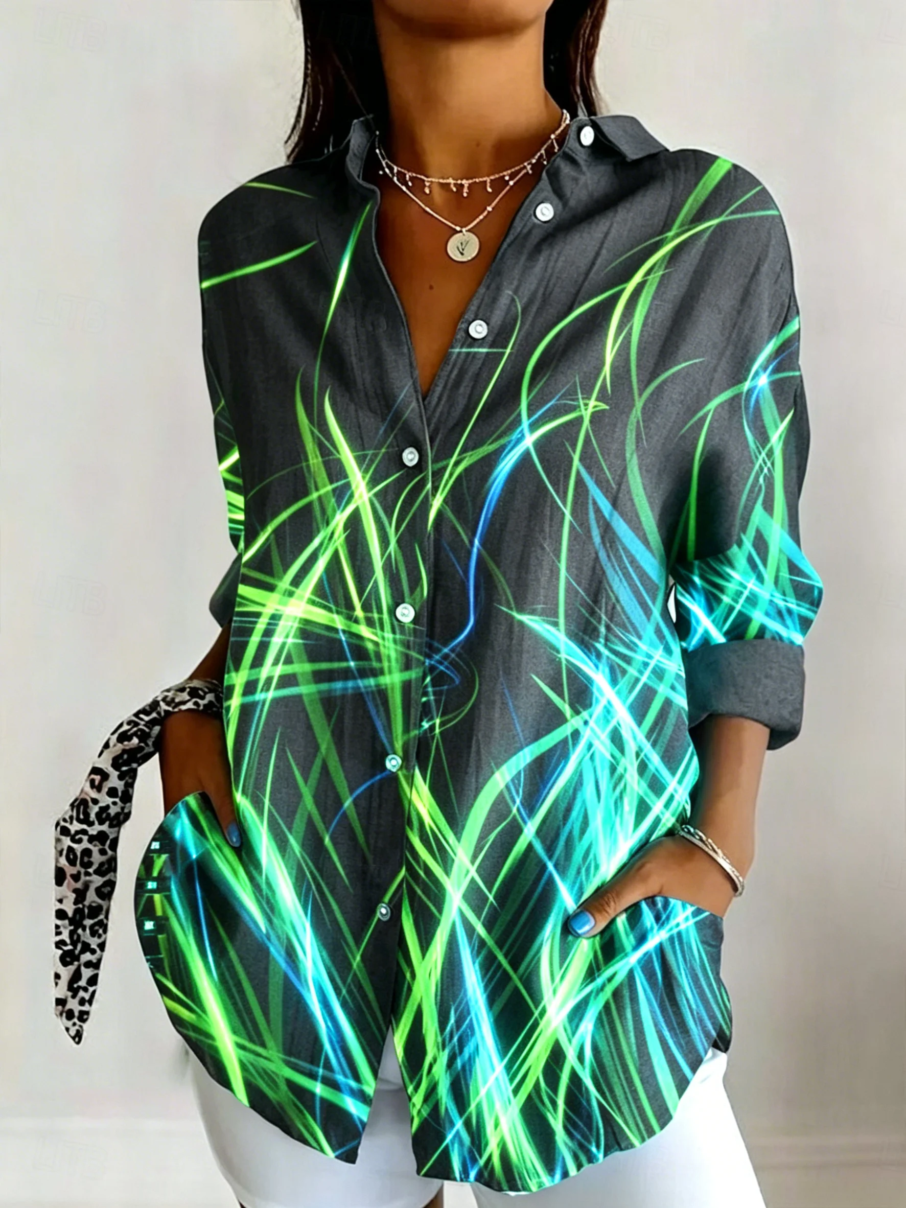 

Women's Lapel Long Sleeve Abstract Neon Line Print Button-Up Shirt, Casual Stylish Tops for Spring Summer Daily & Street Wear
