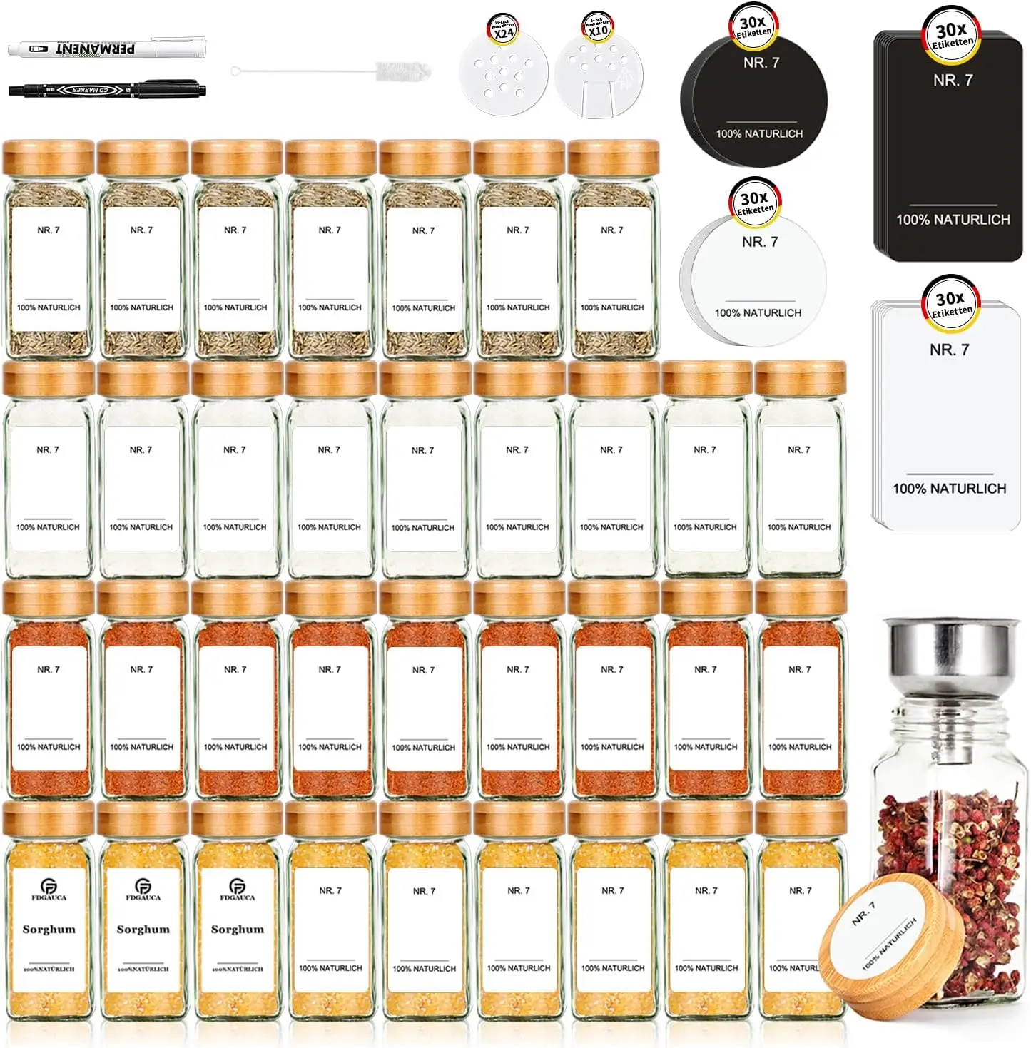 Juego cuadrado de tarros de especias con tapa de bambú ecológico de 120 ml, 35 tarros de especias, organizador de especias de cocina perfecto