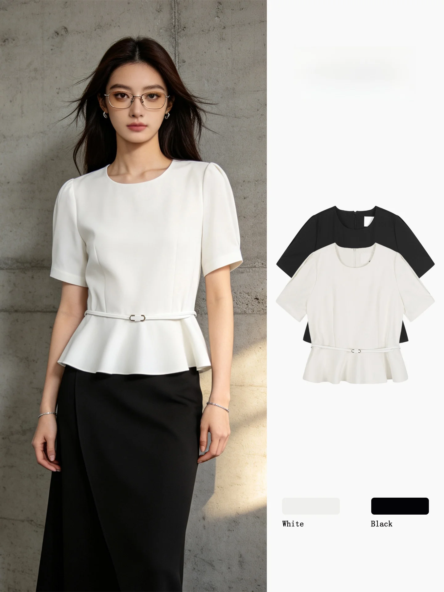 

White Ruffle Hem T-Shirt Women's Summer Short Sleeve round Neck Commute High-End Slimming Bubble Sleeve Top Korean Style