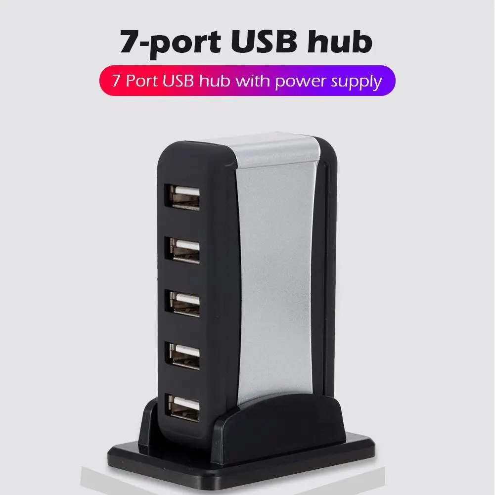 

Вертикальный 7-портовый USB-концентратор Разветвитель USB 2.0 с адаптером питания для аксессуаров для ПК