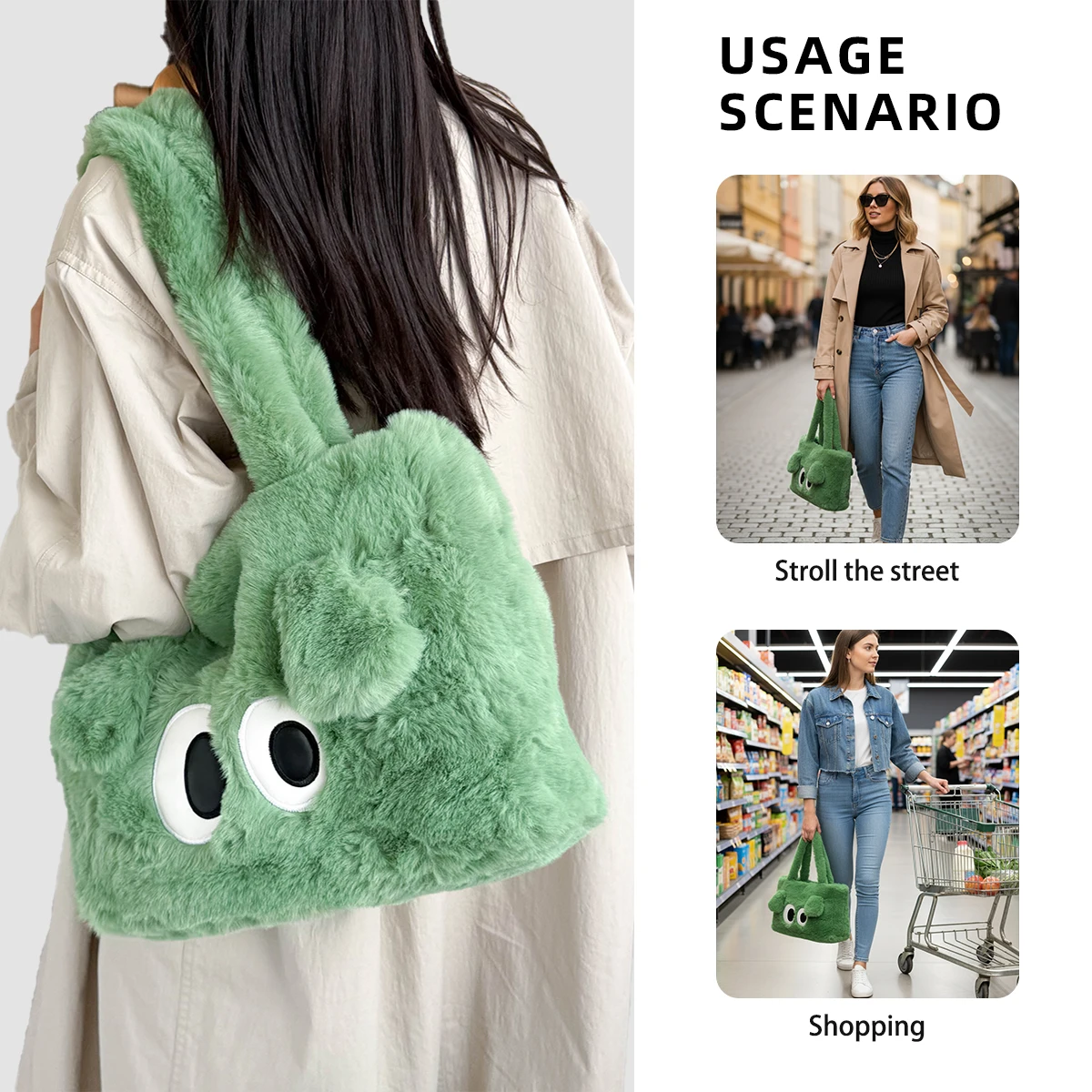 Niedliche Plüsch-Umhängetasche für Herbst und Winter, großes Fassungsvermögen, vielseitige Pendlertasche, Big-Eyed-Tragetasche, pelzige Damentasche für Arbeit, Studenten und Klassen