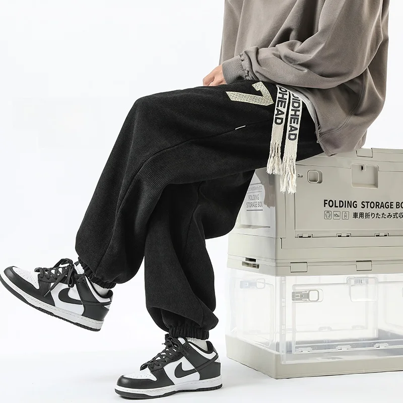 

Мужские вельветовые спортивные брюки на флисе, утепленные, свободного кроя, повседневные, в стиле Харадзюку, с эластичным поясом, карго