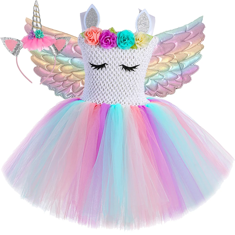 ดอกไม้พาสเทลยูนิคอร์นชุดสําหรับสาววันเกิดบัลเล่ต์ Tutus เด็กคริสต์มาสฮาโลวีนเครื่องแต่งกายปีใหม่ชุดปีก