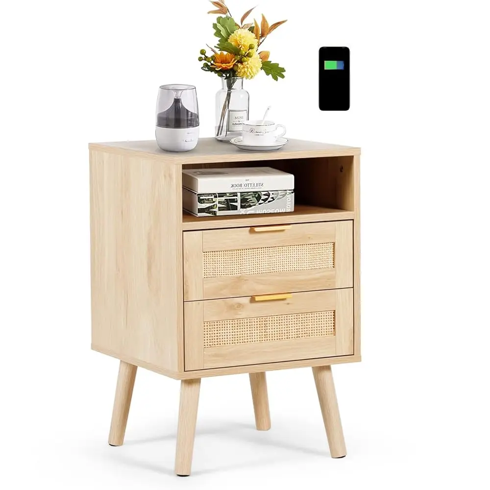 

Rattan Nightstand With Wirel Charging Station Modern Bedside Tables With Solid Wood Feet Rattan Night Stands With Drawers And