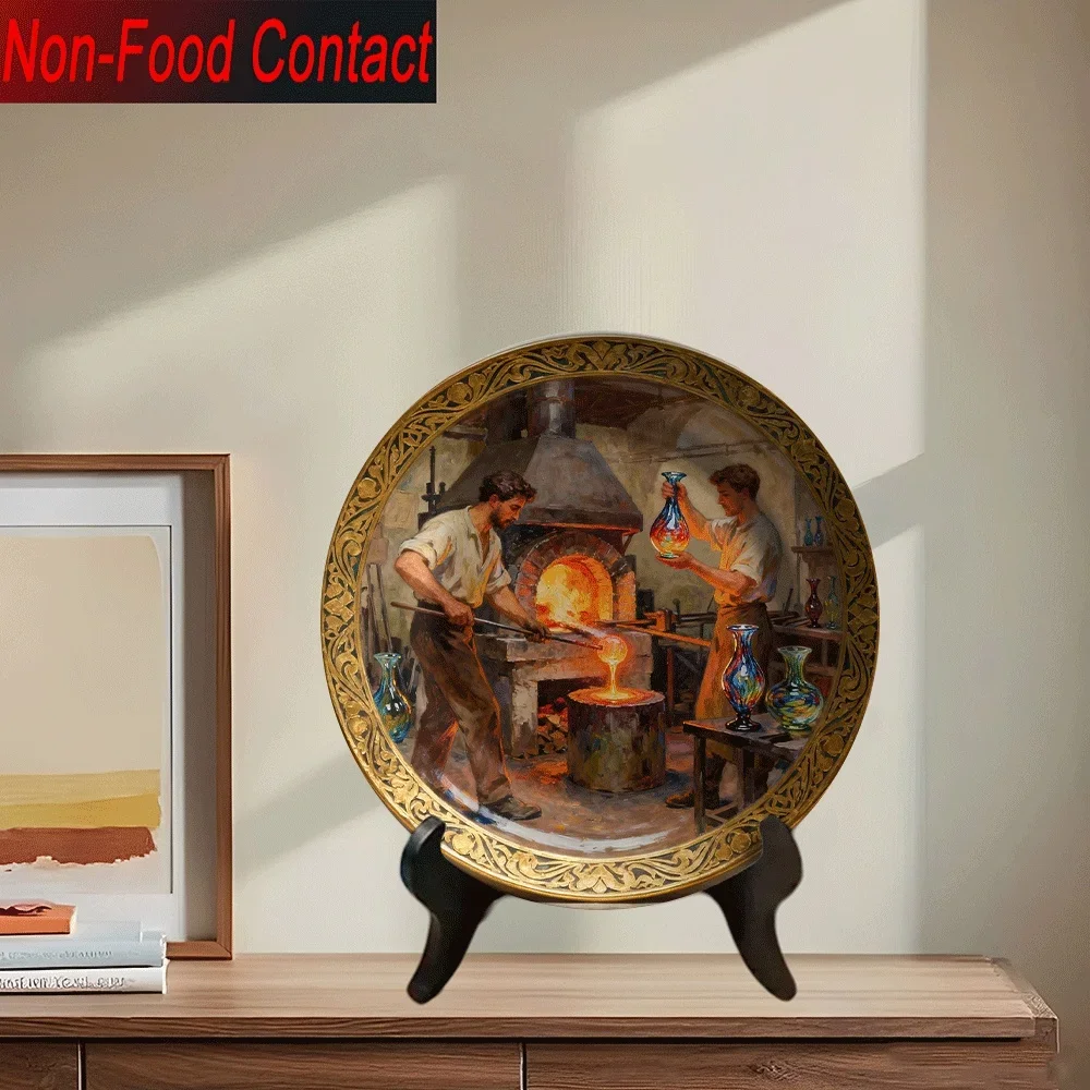 1pc Vintage Ceramic Decorative Plate - Non-Food Contact Safe, Handcrafted Glassblowing Scene with Glowing Fire & Ornate Frame,