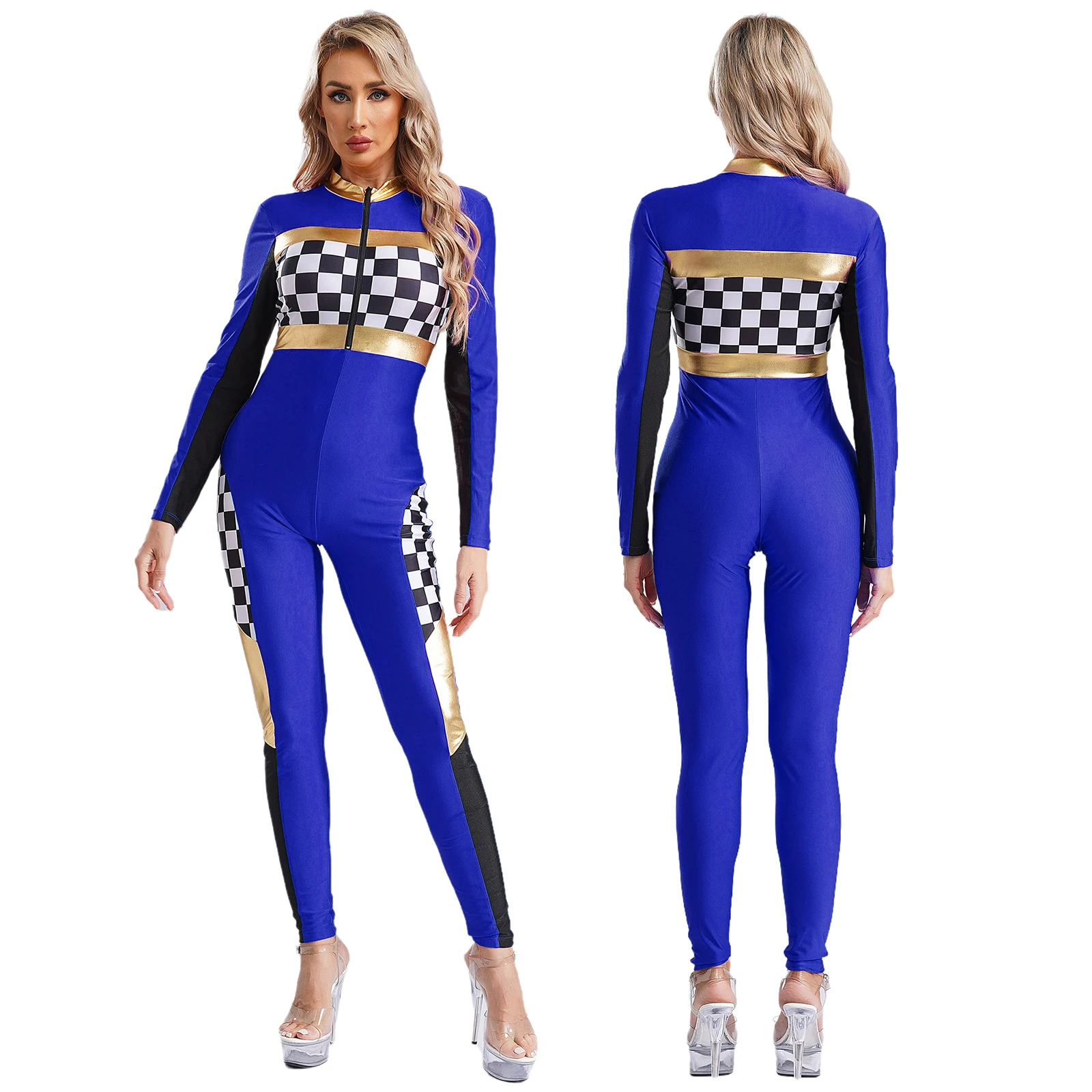 Women Halloween Carnival Racer Driver Cosplay Jumpsuit Long Sleeve Checkerboard Racing Bodysuit Clubwear Cheerleading Uniform