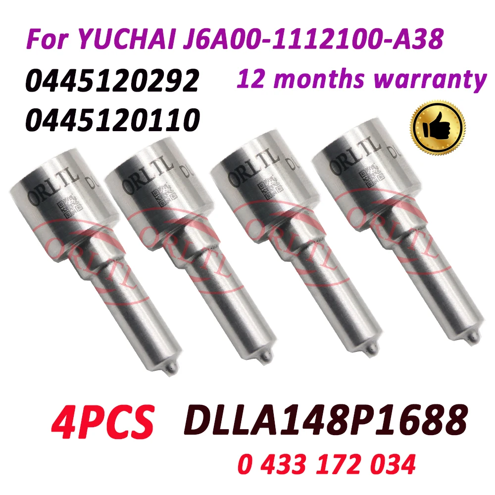 

4 Pieces DLLA148P1688 Fuel Injector Nozzle 0433172034 Valve Kits For YUCHAI J6A00-1112100-A38 0445B2905400 0445120110 0445120292