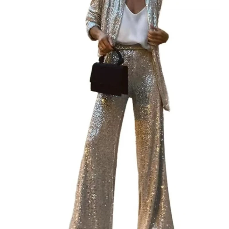 Monochrome Sequin Suit with Beads and Small Lapel, Fashionable Temperament Suits, Medium Long-Sleeved