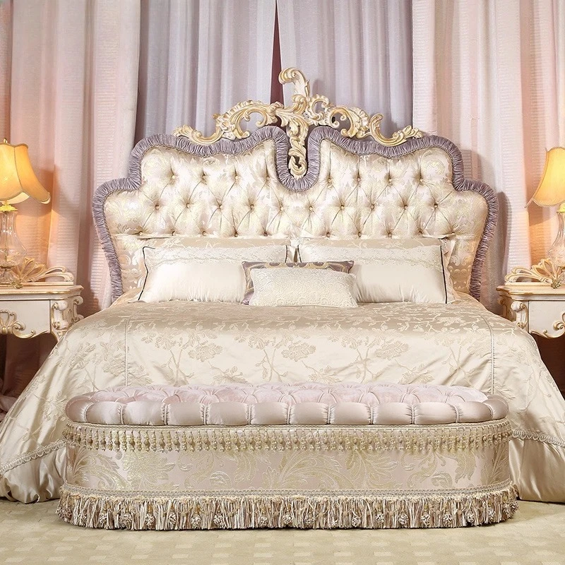 

European cream wind solid wood carving flower bedroom double bed fabric soft against villa bed