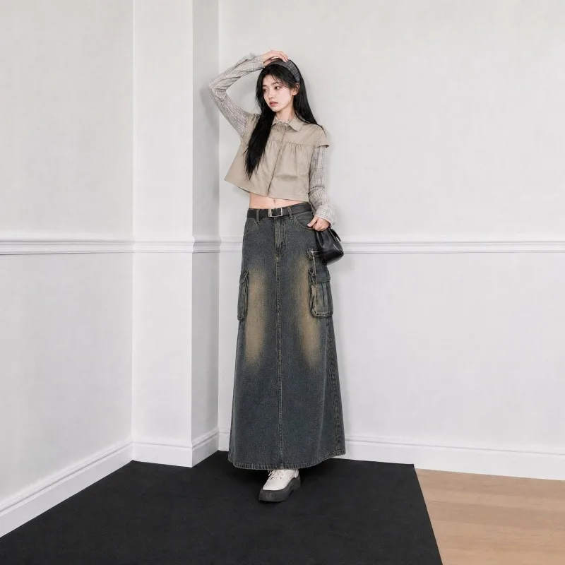 Damen High-Waist-Schlitz-Mermaid-Plissee-Cargo-Denim-Midirock, stilvolles Design, lässiger Damen-Midirock – Detail 3