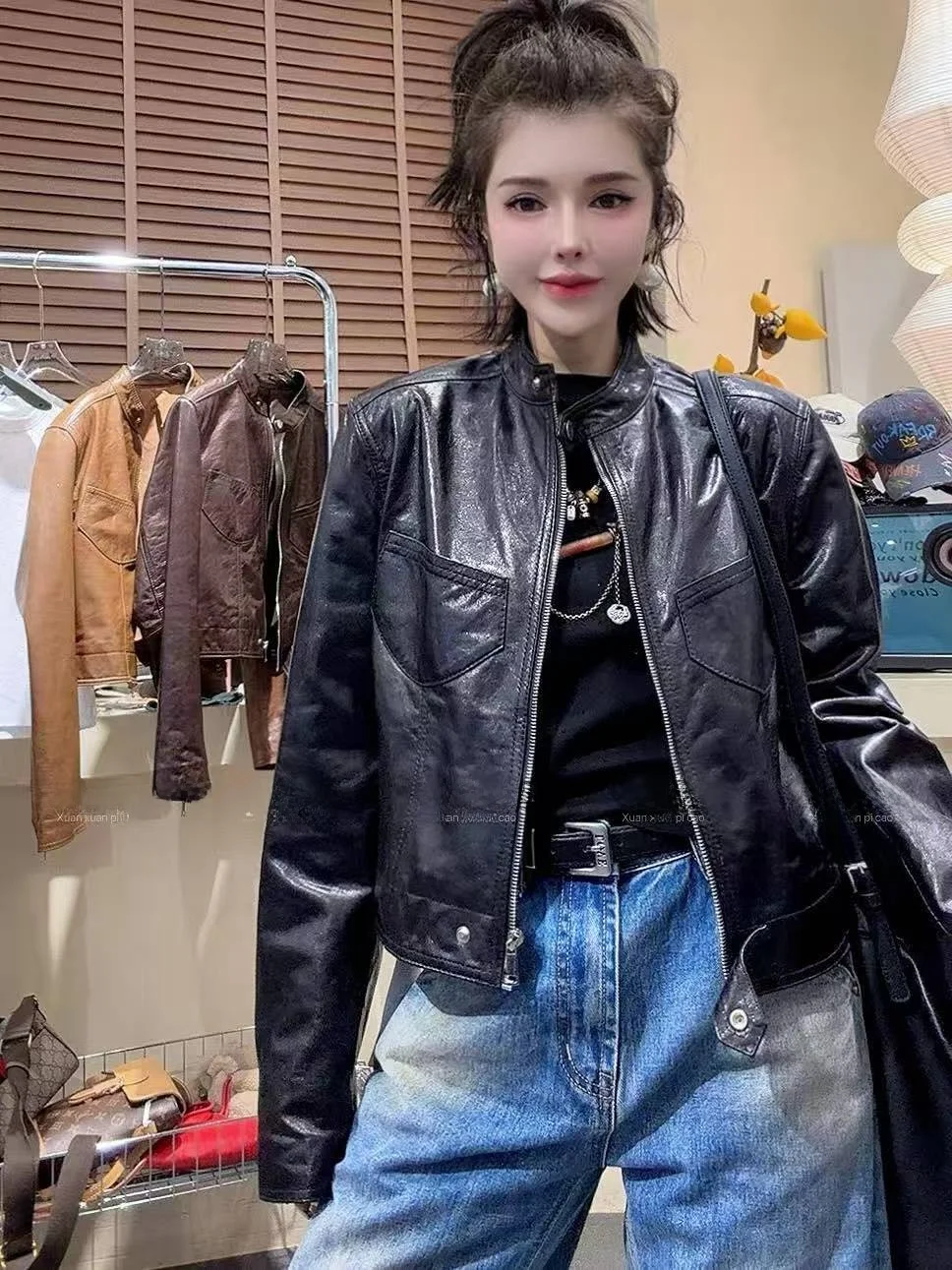 

Ning 2026 New Sle Women's Leather Jaet eepskin Genuine Leather Long Sve Zipper Closure Luxury Feel Coat