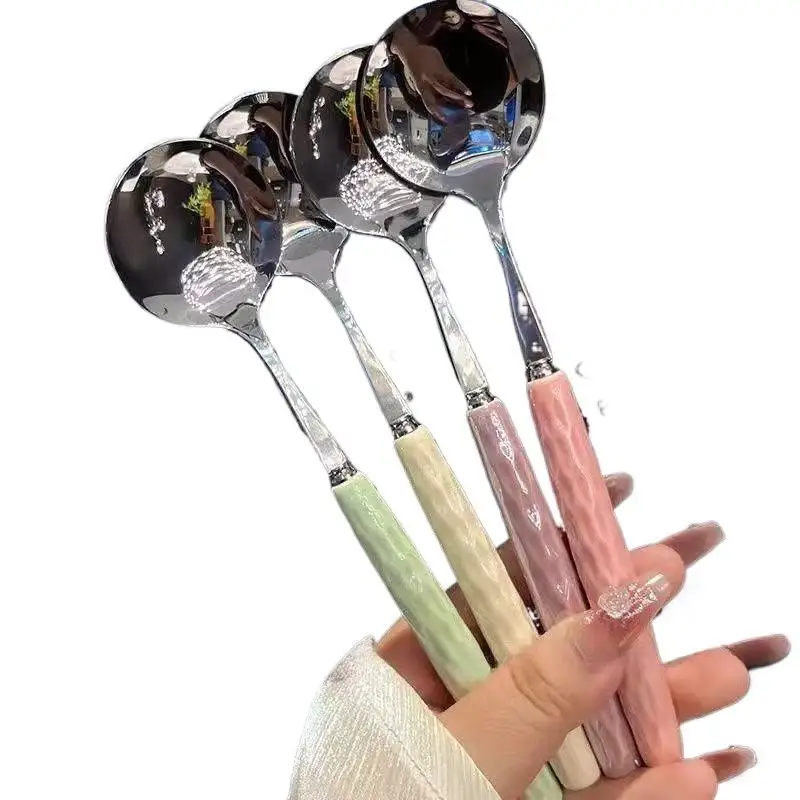 Stainless Steel Round Soup Spoon Textured Handle Mirror Polished Surface for Home Kitchen Daily Dining Dessert Use