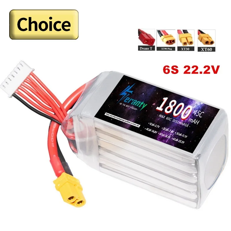 

TERANTY 22.2v Lithium Battery 6S 1800mAh 45C Lipo Battery For RC Racing Car Model Drones Boats Airplane FPV With XT60 Connector