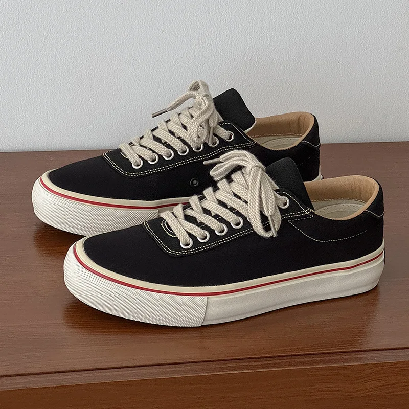 Retro Red Stripe Canvas Shoes for Men Platform Skate Sneakers Lace Up Soft Sole Casual Walking Flat Shoes Daily Street Footwear