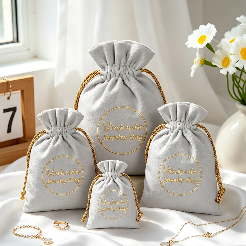 

100Pcs Custom Logo Suede Velvet Grey Pouch Drawstring Jewelry Packaging Bags Wedding Gift Bags for Perfume Earrings Rings Brooch