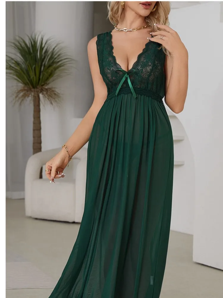 Sexy Pajamas Long Nightgown Home Wear Fashion Lace Dress For Women Deep V Sleepwear Chiffon Nightdress Wedding Night Clothes