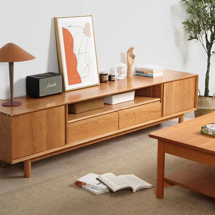 Japanese-style cherry wood TV cabinet, living room home solid wood audio-visual cabinet, bedroom multi-functional storage