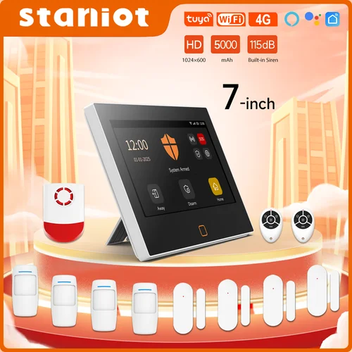 Staniot-sistema de alarma para el hogar de 7 pulgadas, Kit de protección de seguridad inteligente Tuya, inalámbrico, WiFi, 4G, sirena fuerte integrada de 115dB, batería de 5000mAh,Soporta 8 zonas cableadas