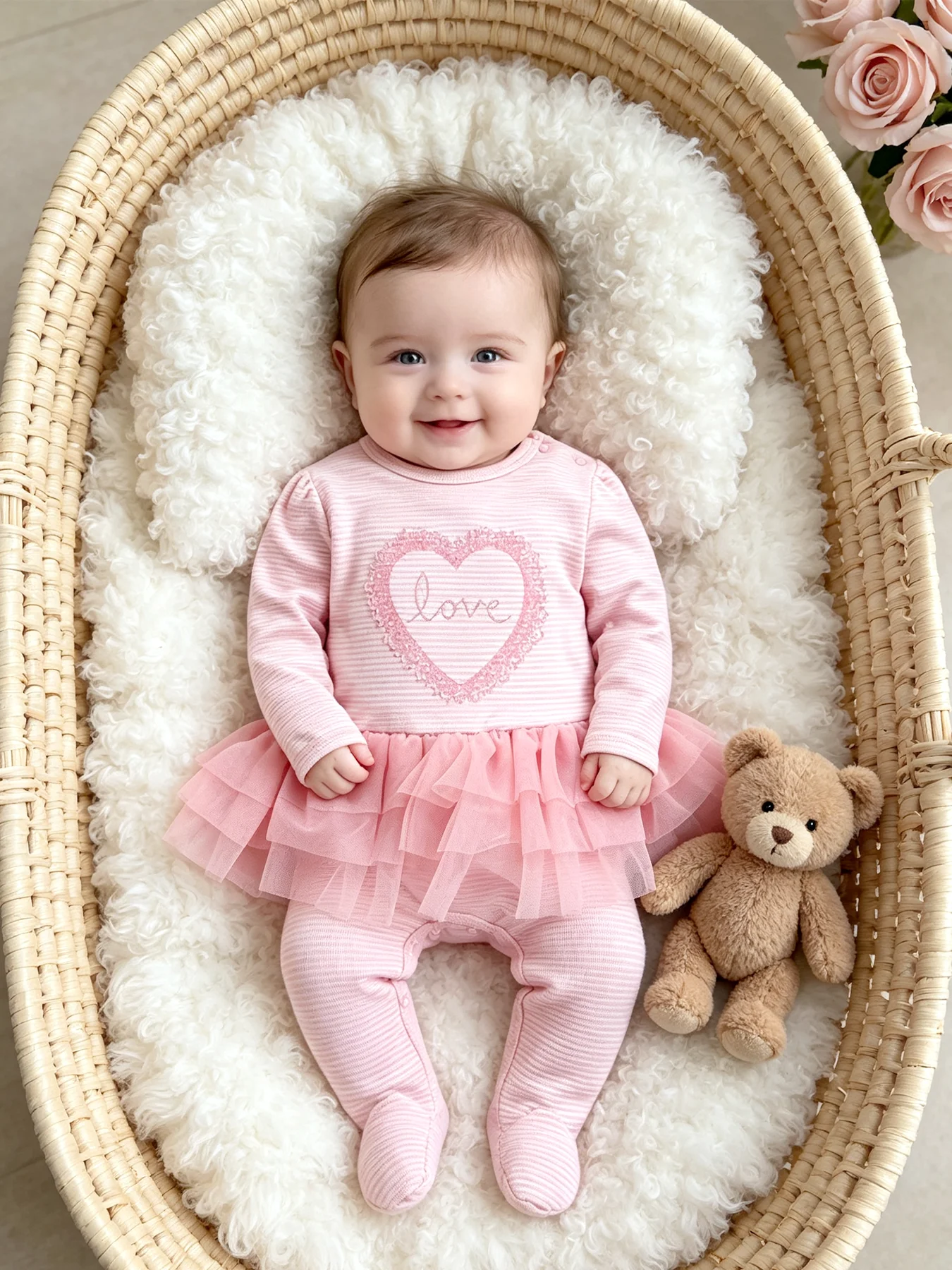 Baby Girl Striped Heart-Print Light Pink Tulle Skirt, Sweet Princess-Style Long-Sleeve Footed Onesie—Newborn New Year's Gift