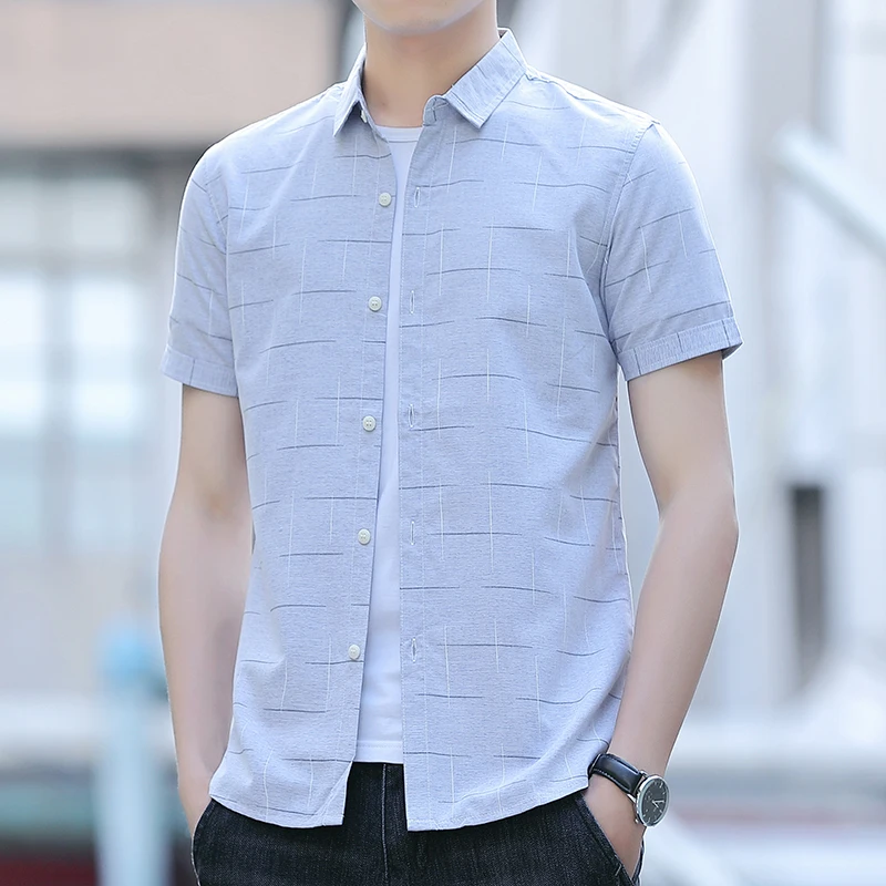Summer Business Cotton Man Short Sleeve Khaki Blue Green Button-down Collar T Shirt Plaid Printed Fit Male Social Casual Shirts