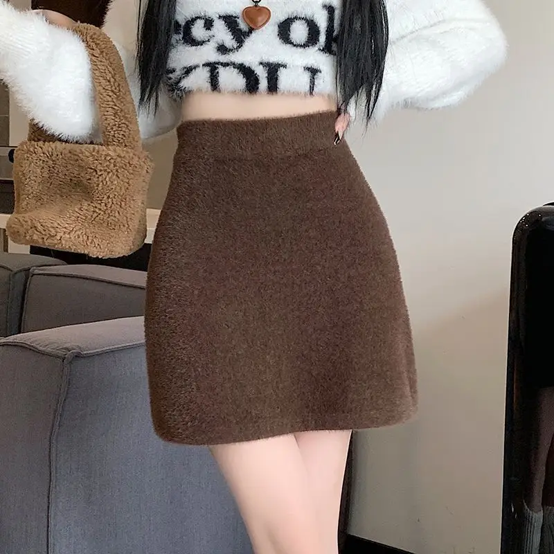

Fashion Winter Slim Elastic Waist Knit Mini Skirt Women Sexy Elegant All-Match Imitation Mink Fur Casual Skirt