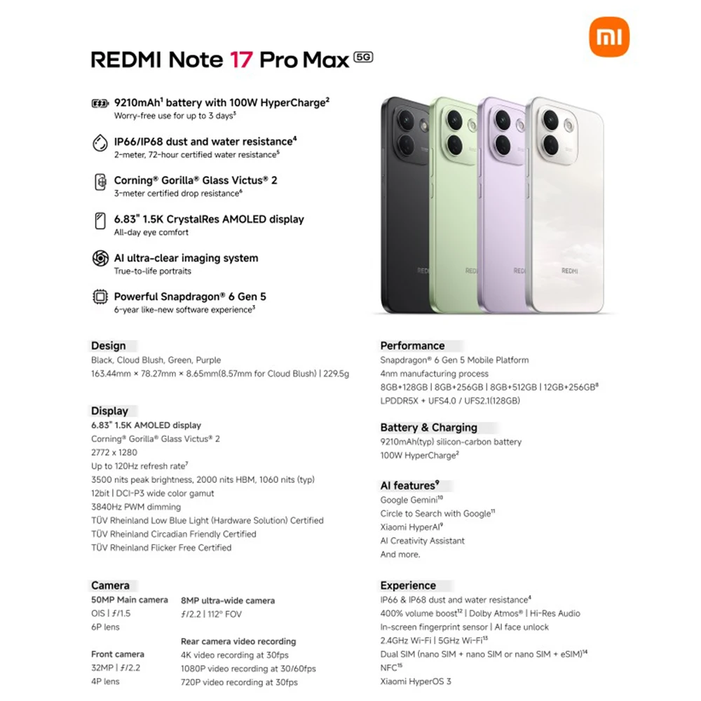 Versión Global REDMI Note 17 Pro Max 5G NFC, Teléfonos con Pantalla AMOLED de 6.83 » y Resolución 1.5K Crystal, Batería de 9210mAh con HyperCharge de 100W, Smartphones 3