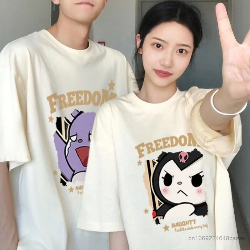 Sanrio Kuromi Summer Clothes 2 Piece Set Couples Friends Matching T-shirts Women Men Fashion Oversized Tee Shirt Y2k Cartoon Top