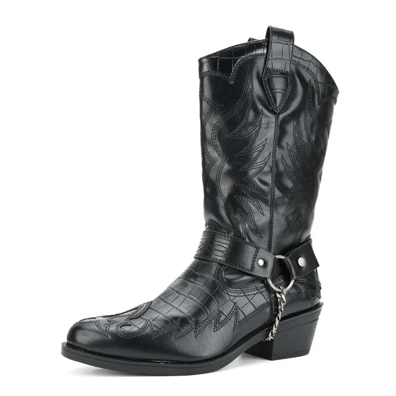 Men Western Cowboy Boots Designer Crocodile Pattern Mid-calf Boot Metal Buckle Chain Design Men Boots Trendy Street Knight Boots