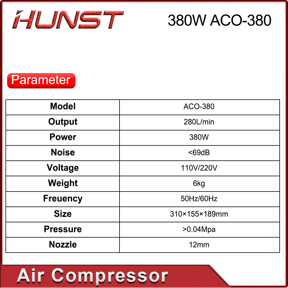 Imagem -05 - Compressor de ar Hunst para Gravação a Laser e Máquina de Corte Bomba de ar Solenóide Aco380 380w