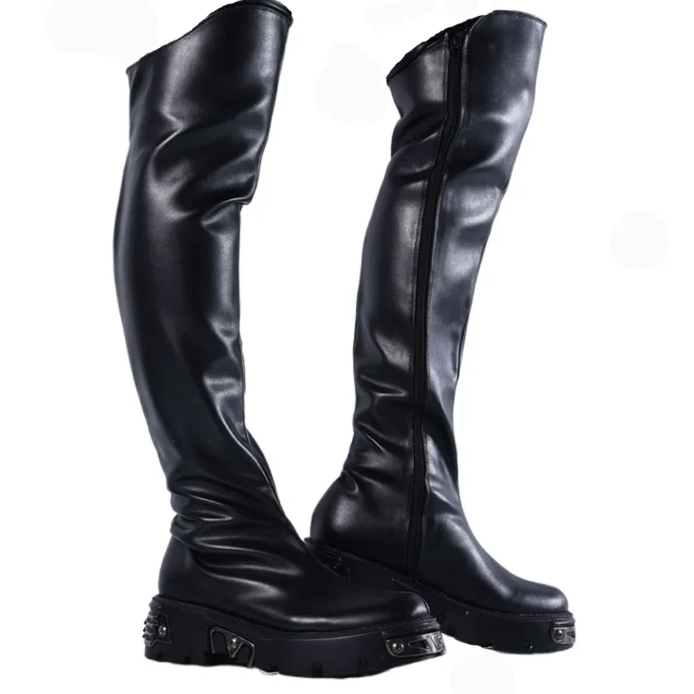 Men\'s High Heels Riding Boots Zip Stage perform Over-the-Knee Boots Shaft Leng Platform Thick Heel Round Toe Metal Long Boots