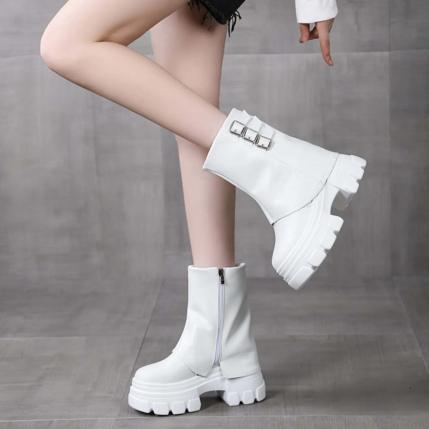 

Winter Autumn Women's Fleece-Lined High Heel Boots 12CM Insole Thick Sole Wedge Short Boots for Petite Ladies