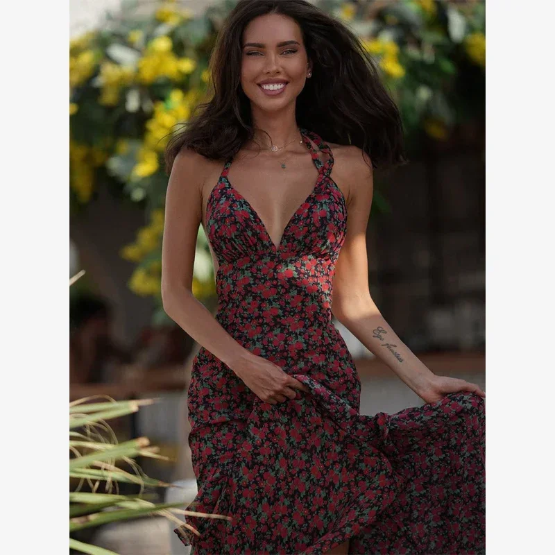 

Chic Backless Halter Dress for Women, Elegant V-Neck Sleeveless Lace-Up Summer Vacation Dress