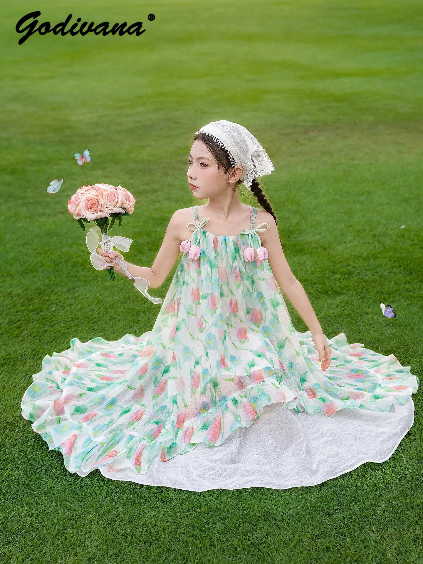 Sweet Baby Girls Loose Fit Vacation Suspender Dress 2026 New Summer A-line Breathable Ruffle Trim Floral Princess Casual Dress