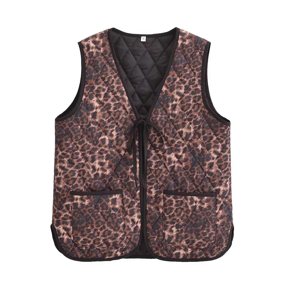 

Leopard Print Vest Coat For Women Retro Sleeveless V-Neck Bow Lace Up Pocket Waistcoat 2025 New Autumn Fashion Jackets Outerwear