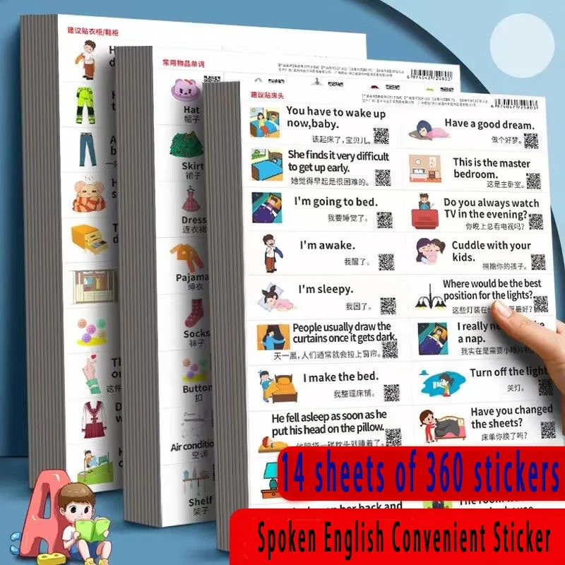 Family Scene Spoken English Posts, 360 Stickers, Daily Scene Stickers, Word Phrase Sentence Patterns Waterproof Sticky Notes.