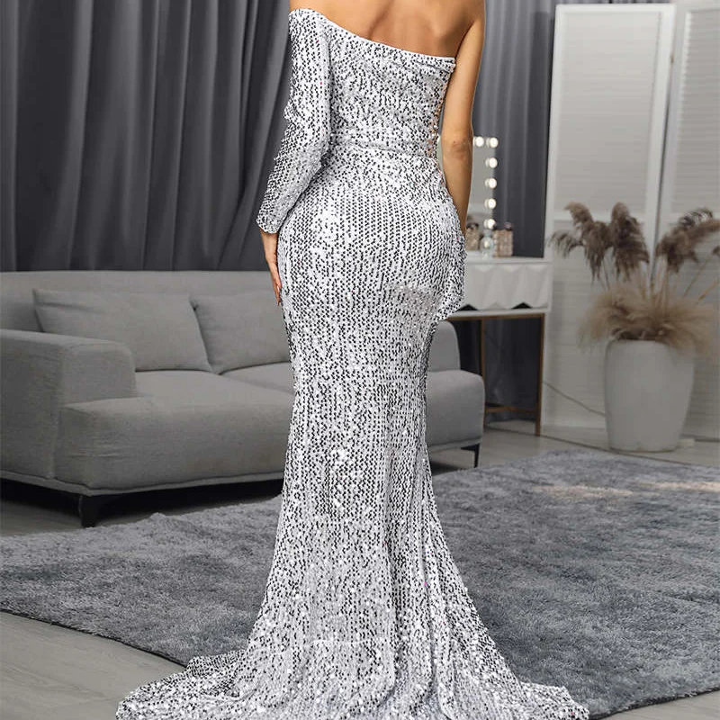 Sexy One Shoulder Sequined Slit Maxi Dress Women Slash Neck Solid Color Sexy Evening Party Wear Mermaid dresses vestidos gold
