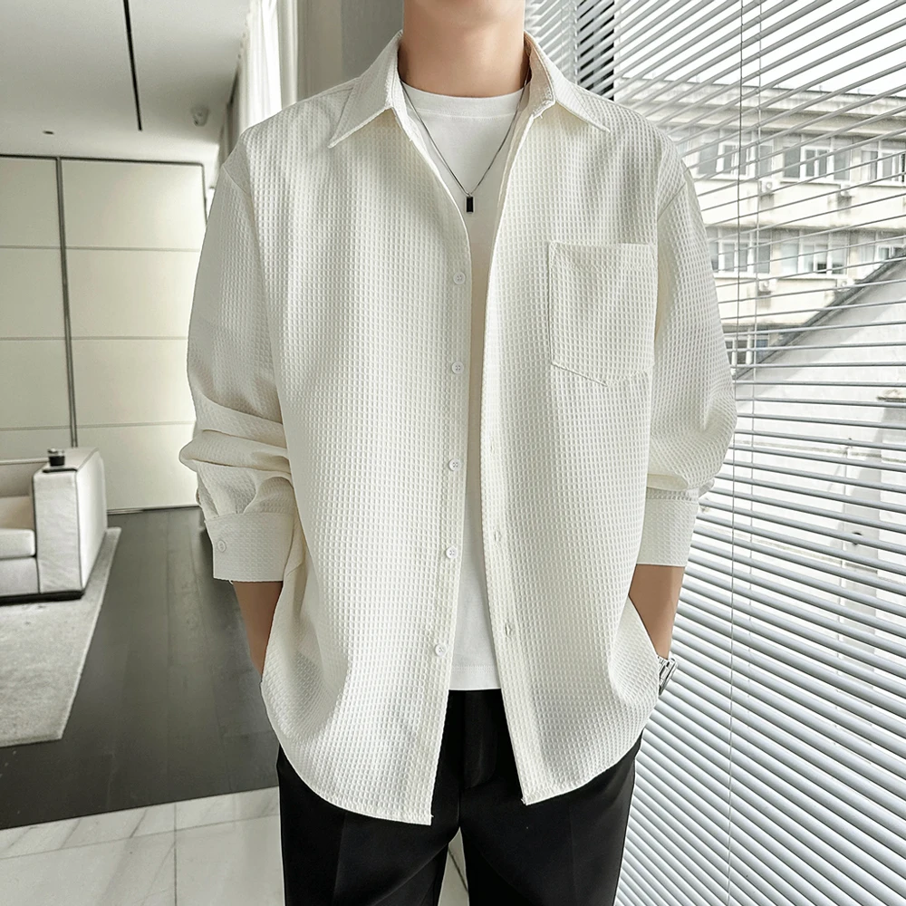 Elegant Casual Long Sleeve Men's Shirt Thin Lightweight Spring Autumn Outerwear White Gauze Patterned Loose Fit Shirt