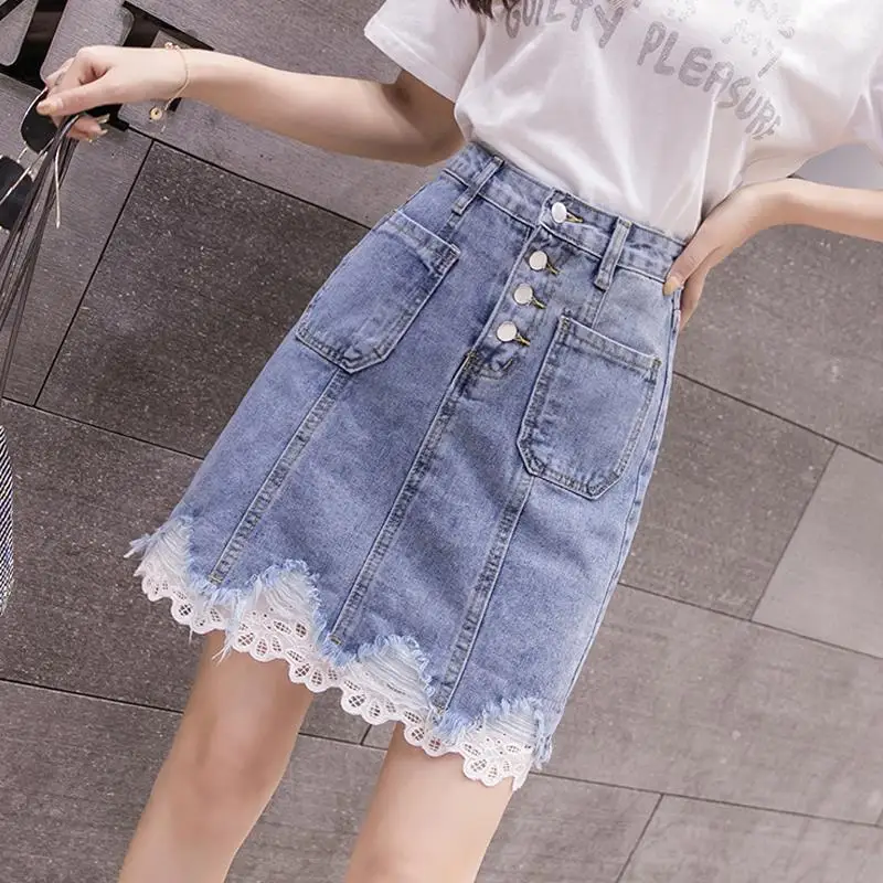 Women's Denim Mini Skirt Summer 2026 New Korean Style Fashionable Button Placket Lace Patchwork Ruffle High Waist Bodycon