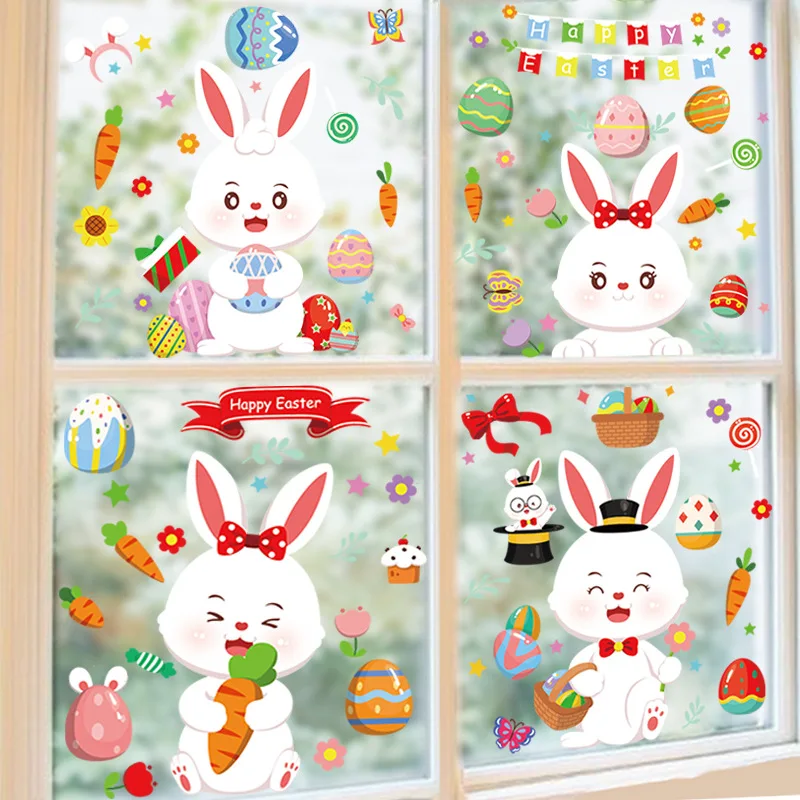 Easter Window Clings Decors Pink Bunny Carrot Easter Eggs Decals Decors for Glass Windows Decors Stickers Spring Easter Supplies