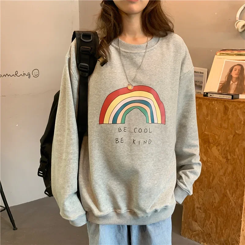 

Rainbow Printed Cotton Pullovers Women O-Neck Long Sleeve Loose Casual Sweatshirts Korean Fashion Warm Leisure All-Match Tops