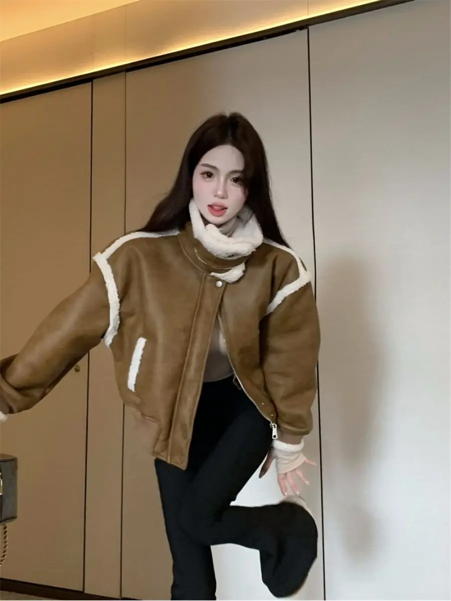 2024 Winter Nieuwe Vrouwen Tops Jasje Lamswol Splitsen Kraag Lange Mouw Rits Korte Jassen Dames Kleding