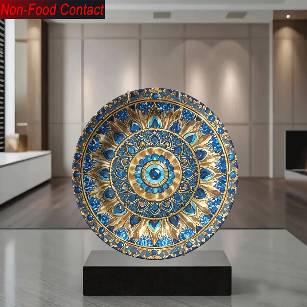 Luxury Blue & Gold Peacock Mandala Ceramic Decor Plate - Hanging Wall Art ， Suitable for home, living room, office, dining room