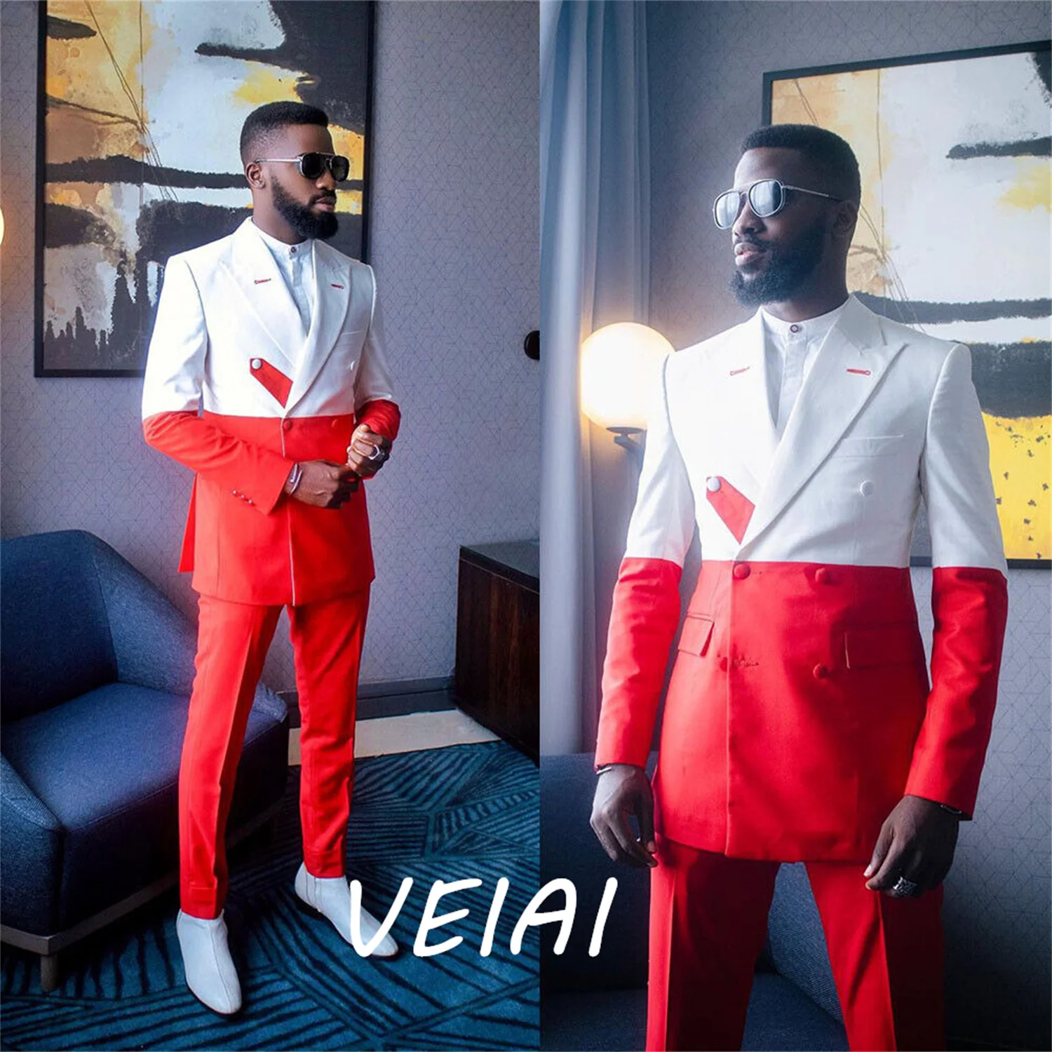 

CustomizedMen's Suits 2 Pieces White Red Splicing Slim Fit Groom Wedding Formal Party Wear Traje Americana Hombre