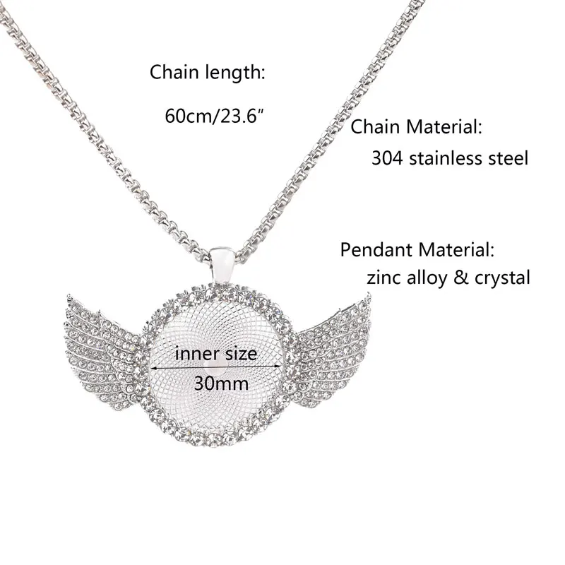 60cm Stainless Steel Chain + 30mm Blank Pendant Cabochon Base Setting Angel Wings Tray For DIY Fashion Jewelry Hip Hop Necklaces