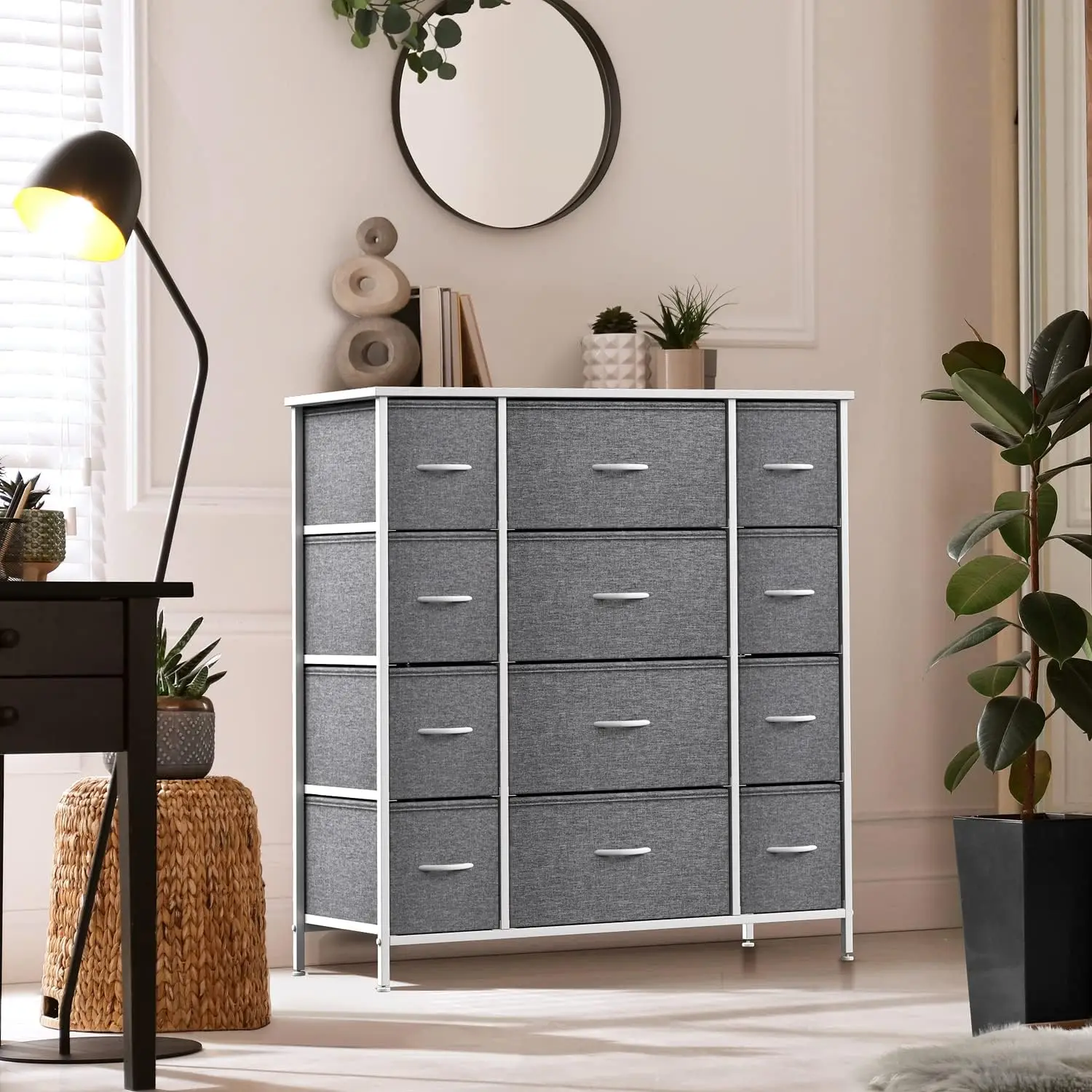 

Dresser with 12 Drawers - Chest Organizer Unit with Steel Frame Wood Top & Handle Easy Pull Fabric Bins for Clothes